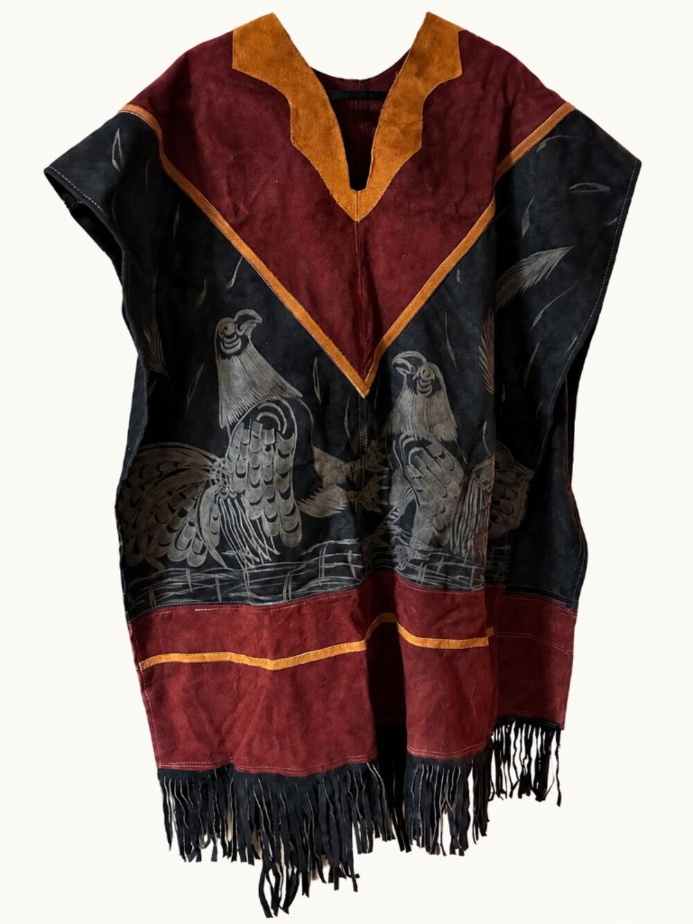 **Vintage Handmade Mexican Suede Leather Poncho Cape Bird Design Fringe – Unworn